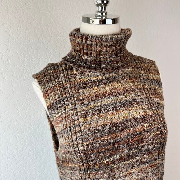 Vintage Y2K Wool Turtleneck Sleeveless Mini Sweater Dress Striped Brown - Picture 7 of 10